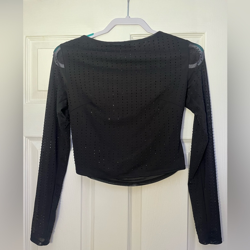 Bedazzled sheer sleeve backless top